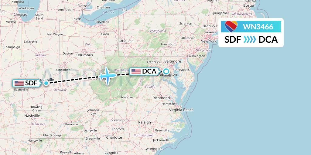 WN3466 Southwest Airlines Flight Map: Louisville to Washington
