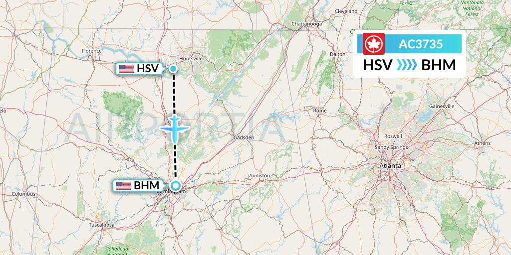 AC3735 Air Canada Flight Map: Huntsville to Birmingham