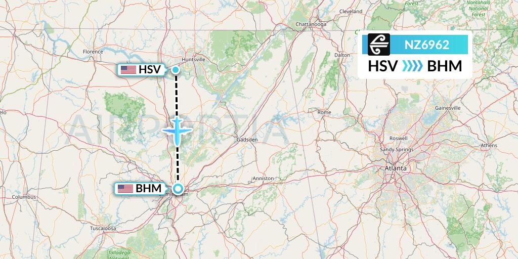 NZ6962 Air New Zealand Flight Map: Huntsville to Birmingham