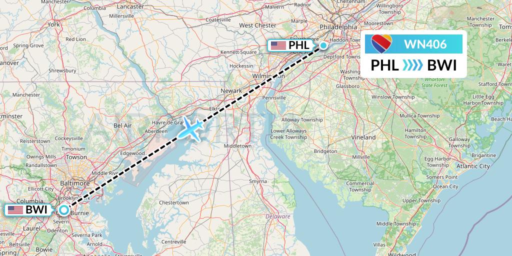 WN406 Southwest Airlines Flight Map: Philadelphia to Baltimore