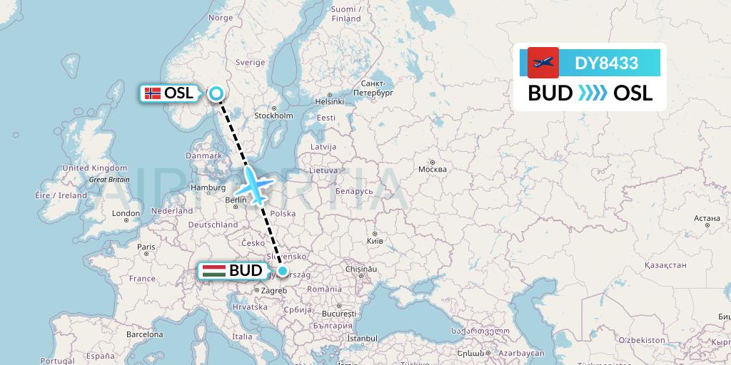 DY8433 Norwegian Flight Map: Budapest to Oslo