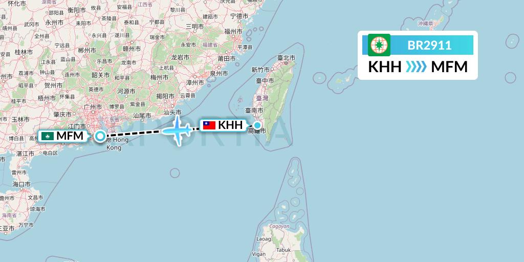 BR2911 EVA Air Flight Map: Kaohsiung to Macau