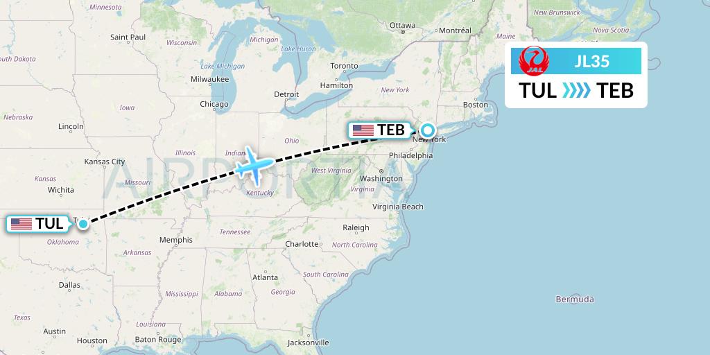 JL35 Japan Airlines Flight Map: Tulsa to Teterboro
