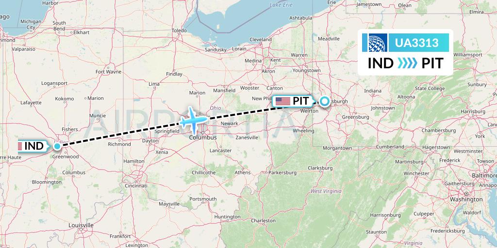 UA3313 United Airlines Flight Map: Indianapolis to Pittsburgh