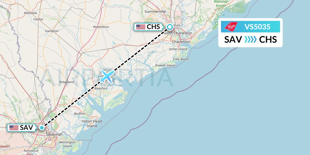 VS5035 Virgin Atlantic Airways Flight Map: Savannah to Charleston
