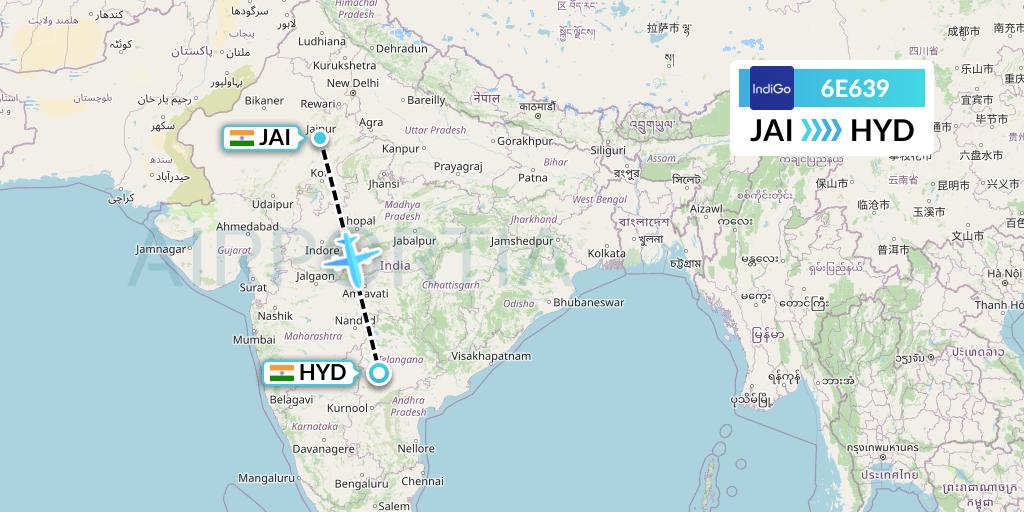 6E639 IndiGo Airlines Flight Map: Jaipur to Hyderabad