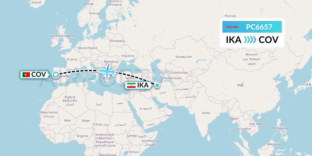 PC6657 Pegasus Airlines Flight Map: Tehran to Portugal
