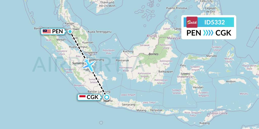 ID5332 Batik Air Flight Map: Penang to Jakarta