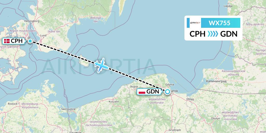 WX755 Cityjet Flight Map: Copenhagen to Gdansk
