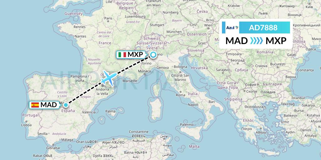 AD7888 Azul Brazilian Airlines Flight Map: Madrid to Milan