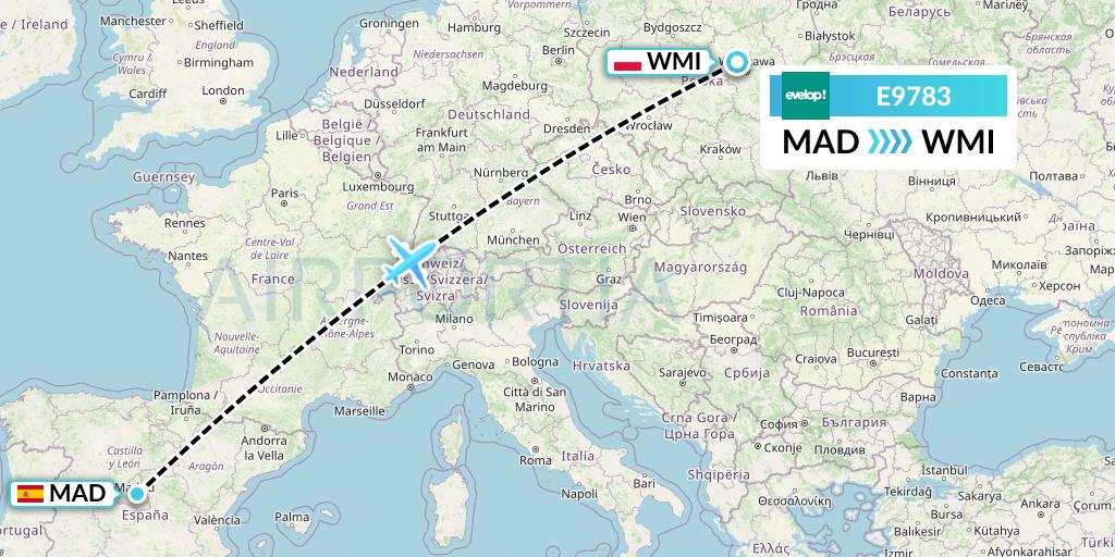 E9783 Evelop Airlines Flight Map: Madrid to Warsaw