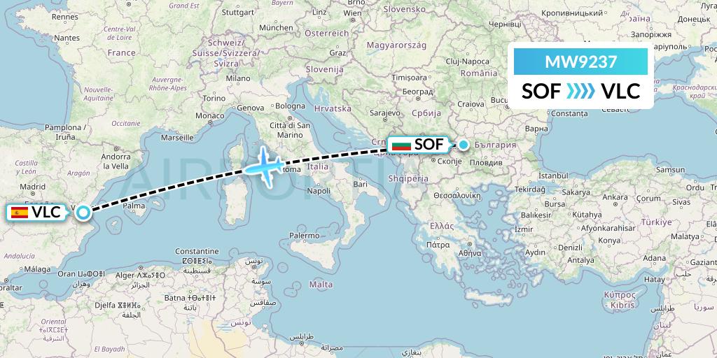 MW9237 Mokulele Flight Service Flight Map: Sofia to Valencia