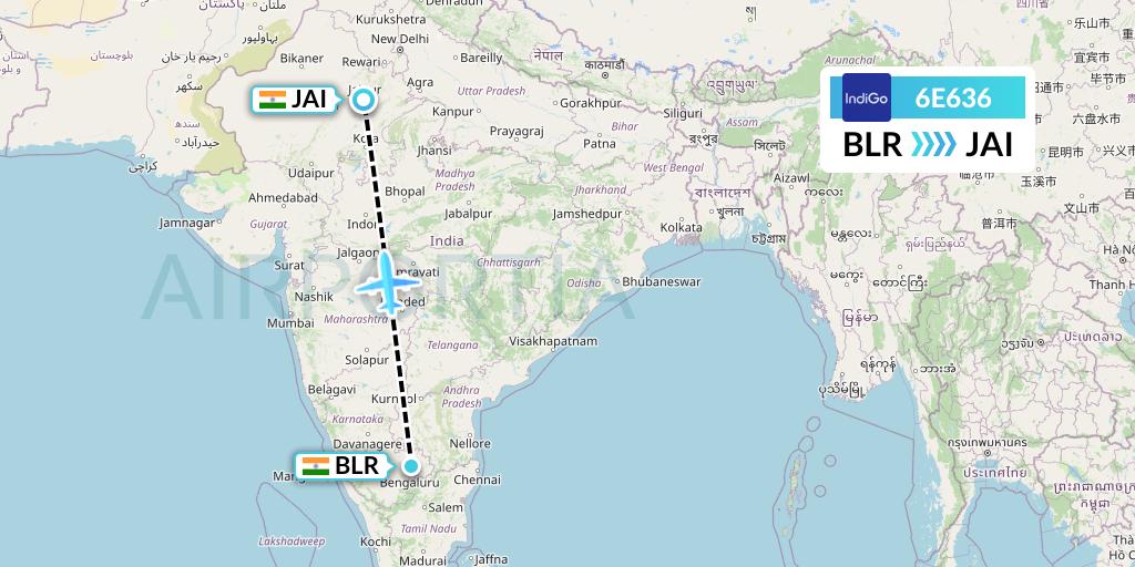6E636 IndiGo Airlines Flight Map: Bangalore to Jaipur