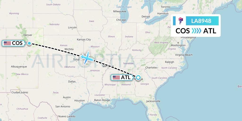 LA8948 LAN Airlines Flight Map: Colorado Springs to Atlanta