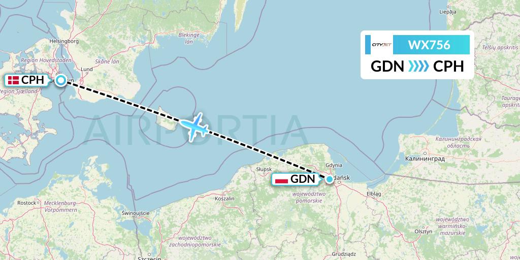 WX756 Cityjet Flight Map: Gdansk to Copenhagen