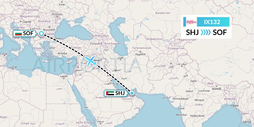 IX132 Air India Express Flight Map: Sharjah to Sofia
