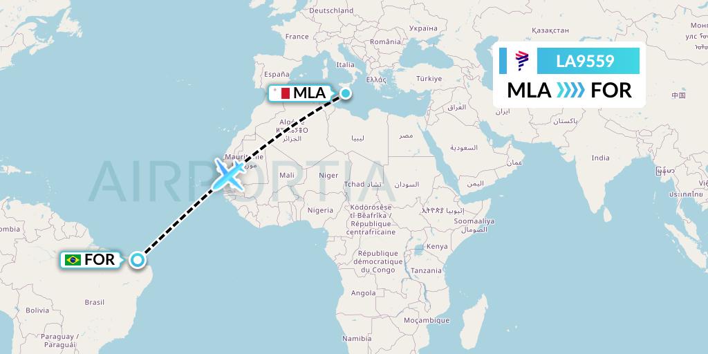 LA9559 LAN Airlines Flight Map: Malta to Fortaleza