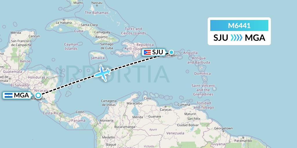 M6441 Amerijet International Flight Map: San Juan to Managua