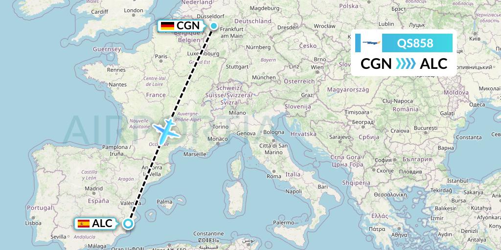 QS858 Smartwings Flight Map: Cologne to Alicante