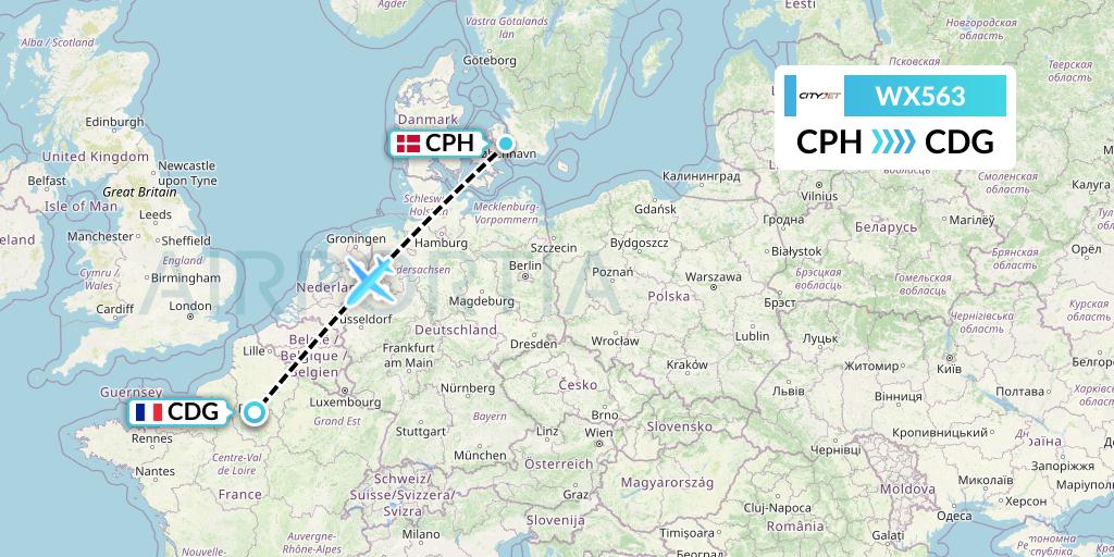 WX563 Cityjet Flight Map: Copenhagen to Paris