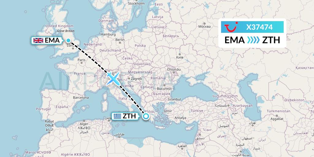 X37474 TUI fly Germany Flight Map: East Midlands to Zakynthos