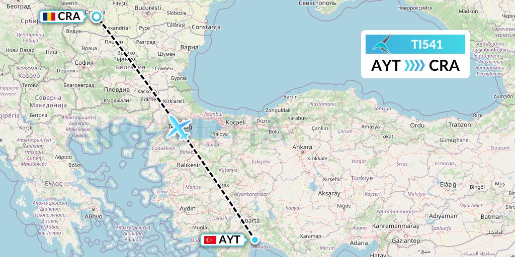 TI541 Tailwind Airlines Flight Map: Antalya to Craiova