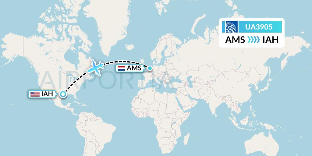 UA3905 United Airlines Flight Map: Amsterdam to Houston