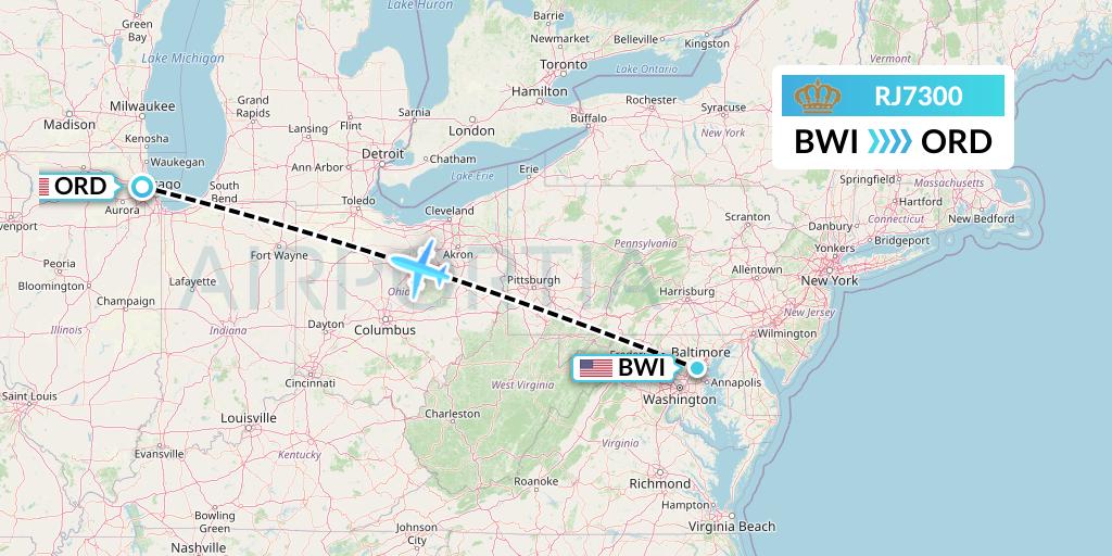 RJ7300 Royal Jordanian Flight Map: Baltimore to Chicago