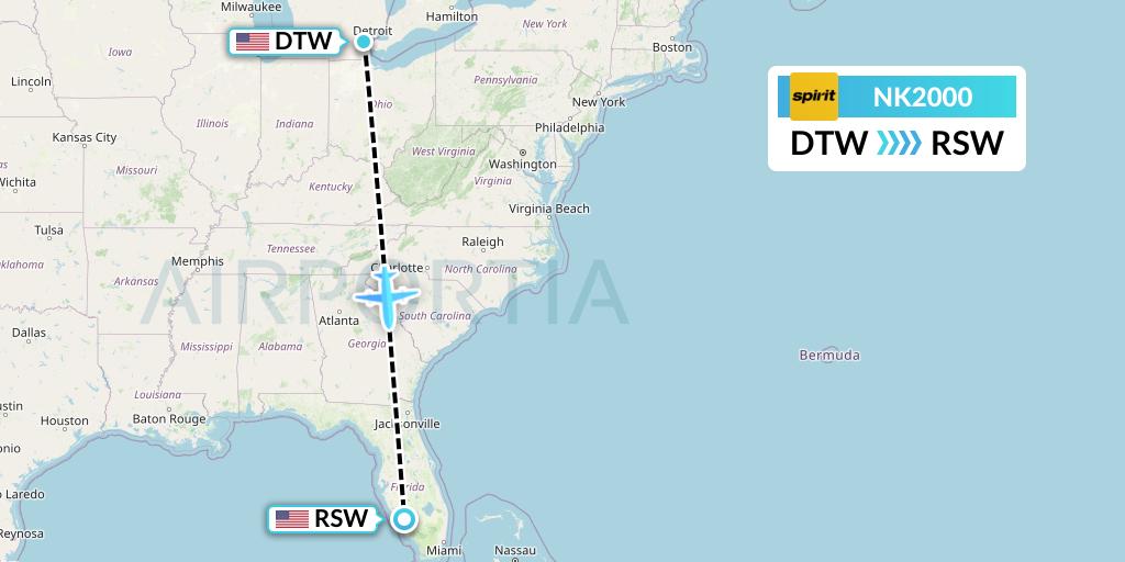 NK2000 Spirit Airlines Flight Map: Detroit to Fort Myers