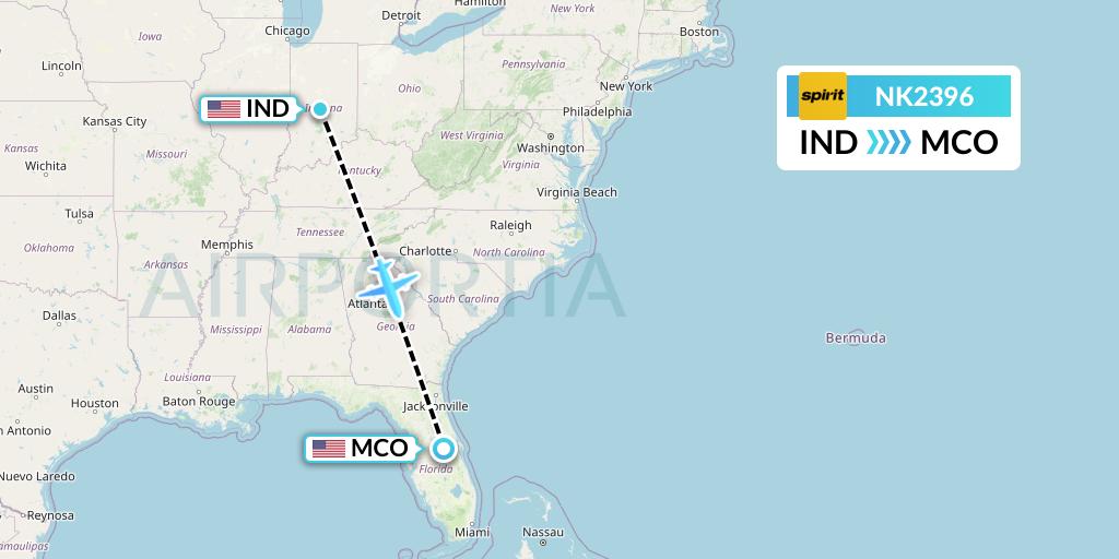 NK2396 Spirit Airlines Flight Map: Indianapolis to Orlando
