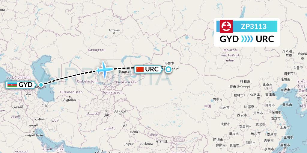 ZP3113 Paranair Flight Map: Baku to Urumqi