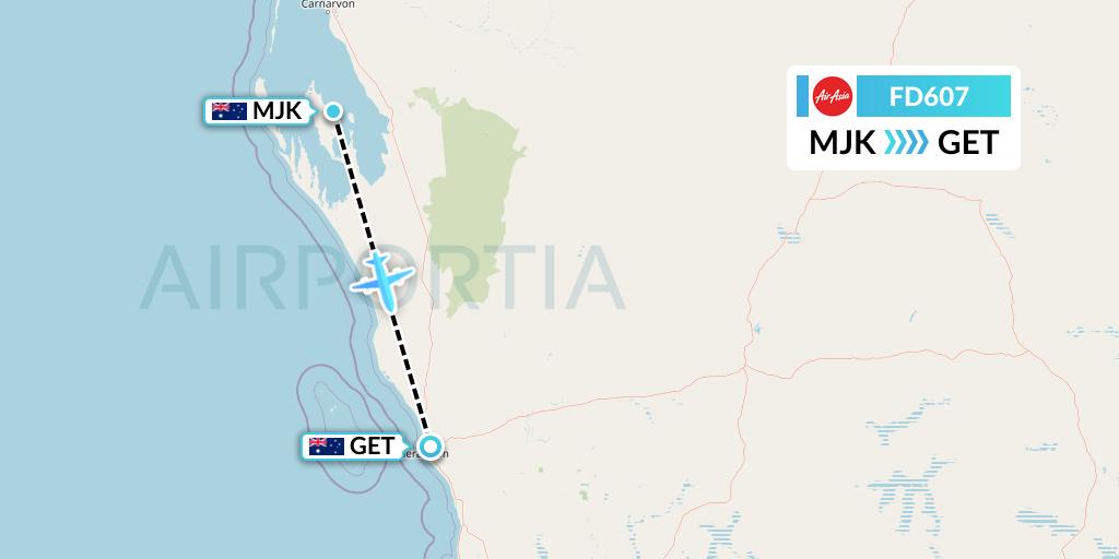 FD607 Thai AirAsia Flight Map: Monkey Mia to Geraldton