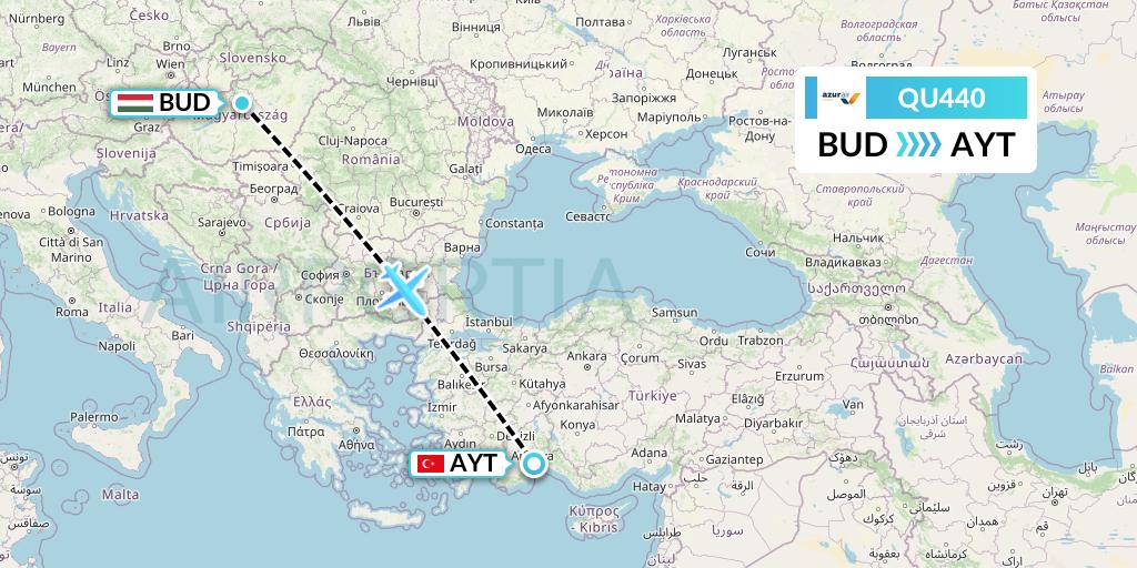 QU440 Azur Air Ukraine Flight Map: Budapest to Antalya