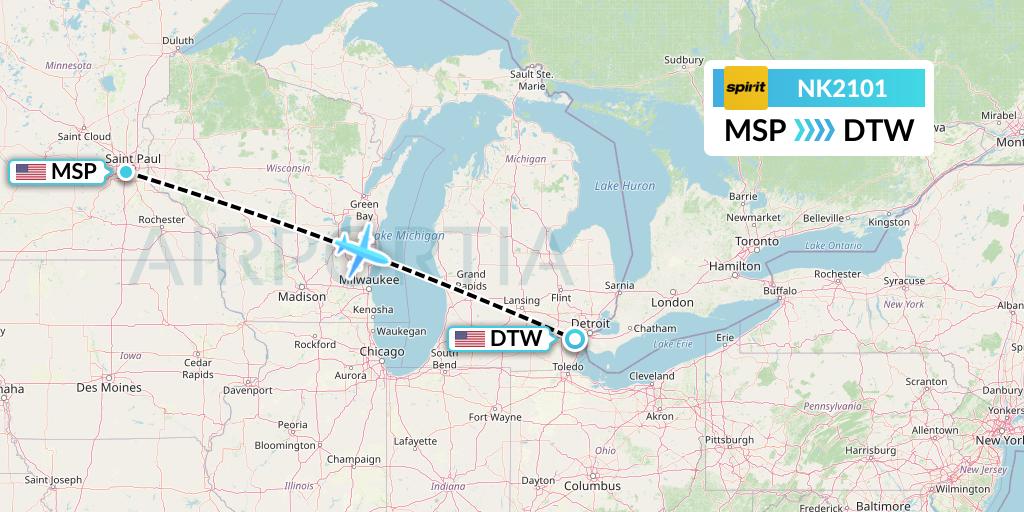 NK2101 Spirit Airlines Flight Map: Minneapolis to Detroit