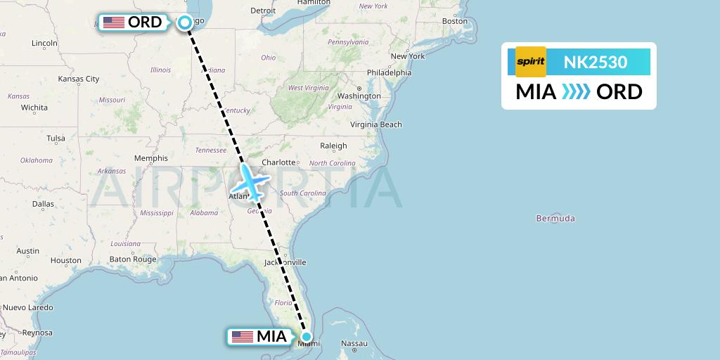 NK2530 Spirit Airlines Flight Map: Miami to Chicago
