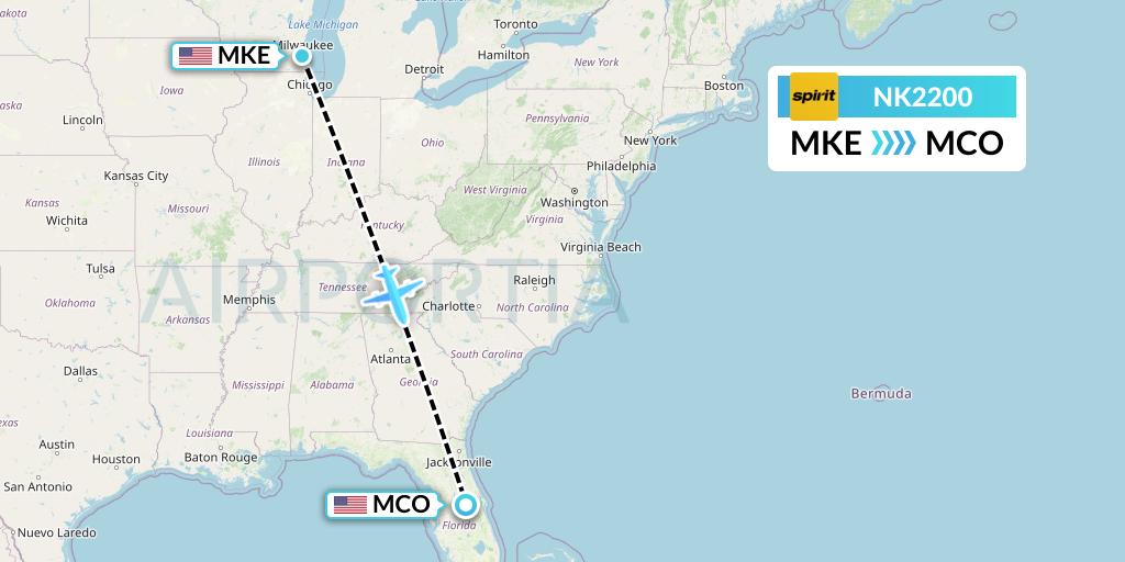 NK2200 Spirit Airlines Flight Map: Milwaukee to Orlando