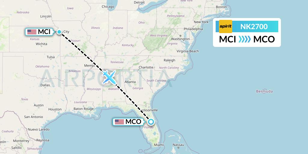 NK2700 Spirit Airlines Flight Map: Kansas City to Orlando