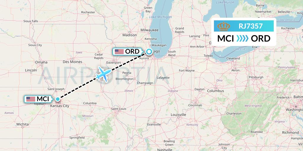 RJ7357 Royal Jordanian Flight Map: Kansas City to Chicago