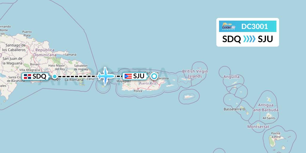 DC3001 Braathens Regional Flight Map: Santo Domingo to San Juan