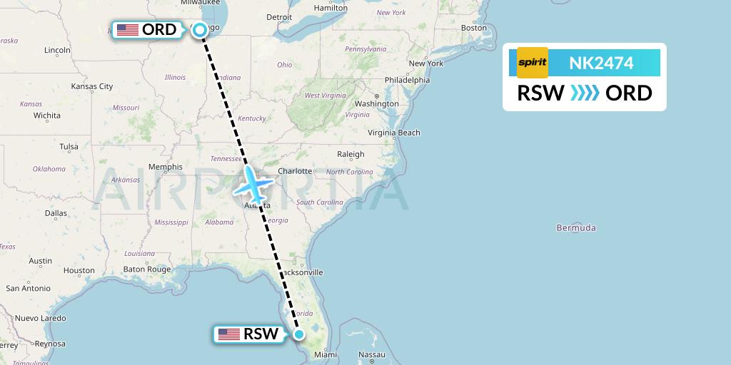 NK2474 Spirit Airlines Flight Map: Fort Myers to Chicago