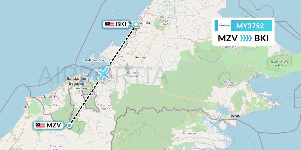 MY3752 MASwings Flight Map: Mulu to Kota Kinabalu