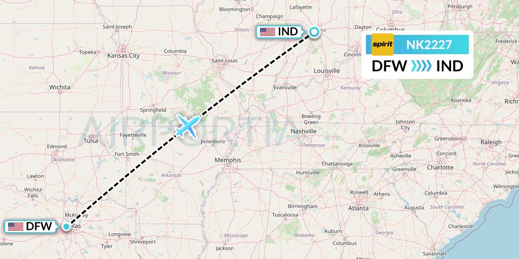 NK2227 Spirit Airlines Flight Map: Dallas to Indianapolis
