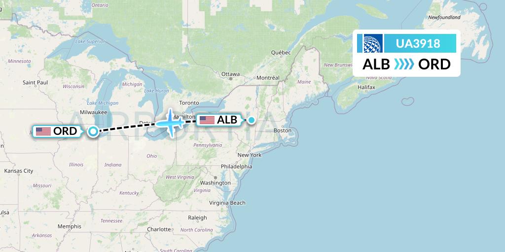 UA3918 United Airlines Flight Map: Albany to Chicago
