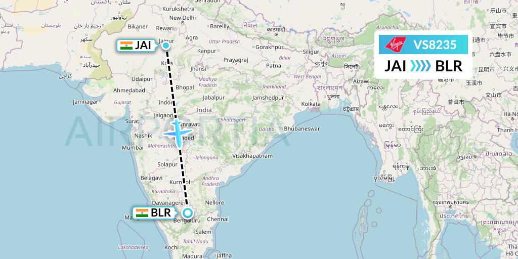 VS8235 Virgin Atlantic Airways Flight Map: Jaipur to Bangalore