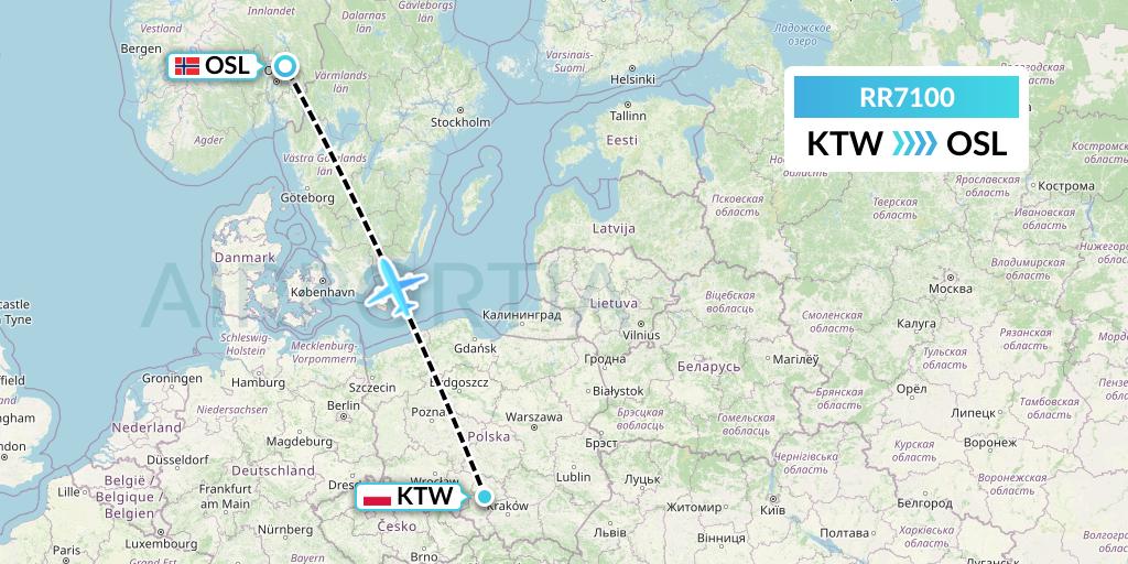 RR7100 Royal Air Force Flight Map: Katowice to Oslo