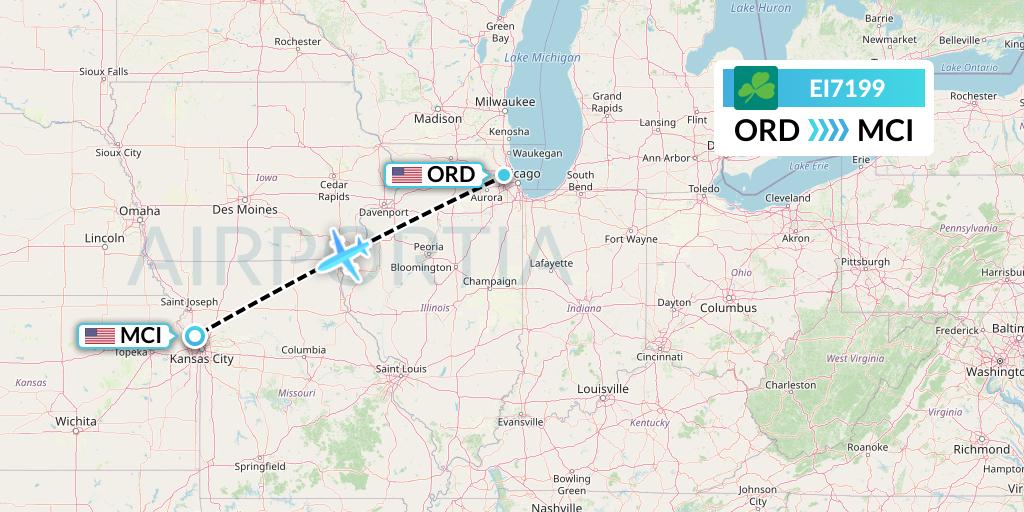 EI7199 Aer Lingus Flight Map: Chicago to Kansas City