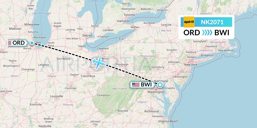 NK2071 Spirit Airlines Flight Map: Chicago to Baltimore