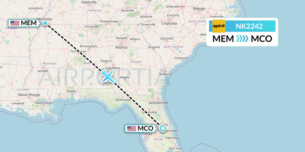 NK2242 Spirit Airlines Flight Map: Memphis to Orlando