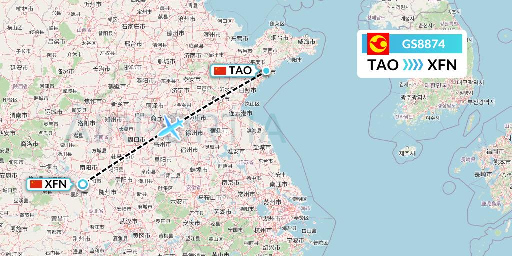 GS8874 Tianjin Airlines Flight Map: Qingdao to Xiangyang