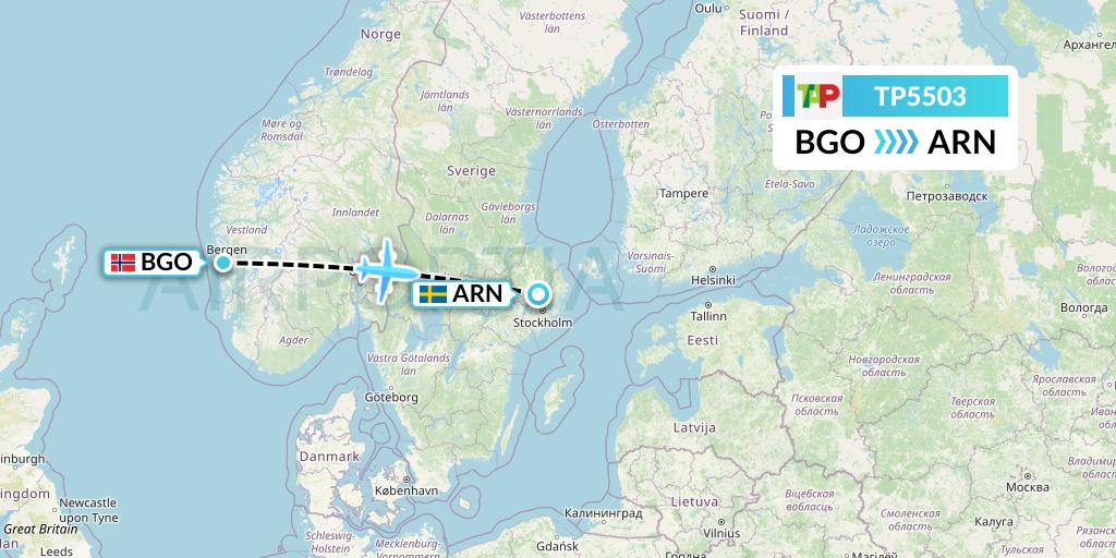 TP5503 TAP Portugal Flight Map: Bergen to Stockholm